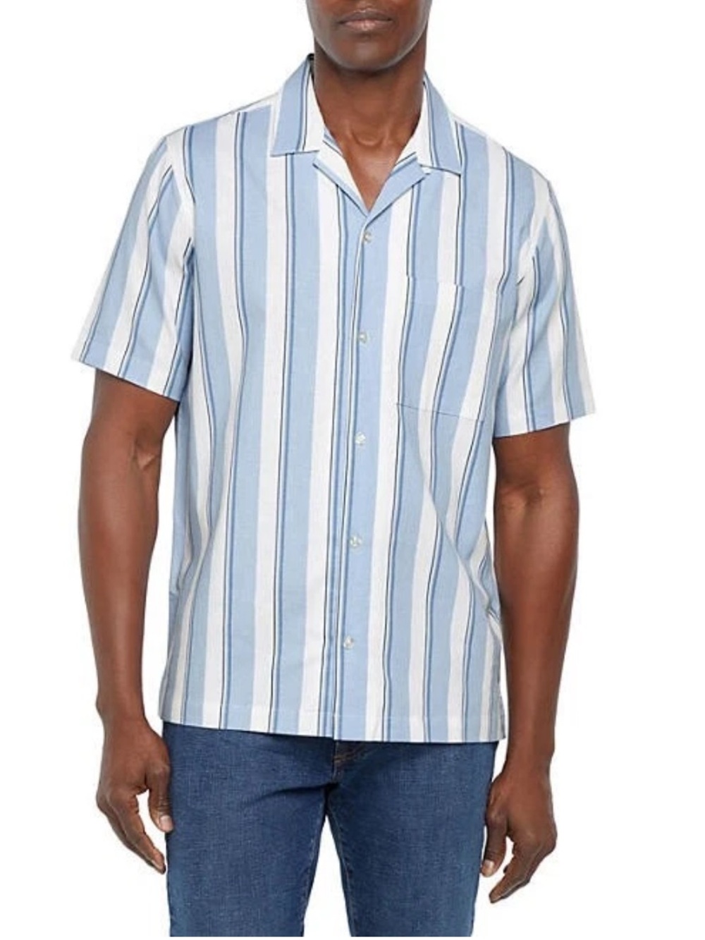 Gap Men's Short Sleeve Button-Up Linen Blend Shirt XL Blue White Striped Casual